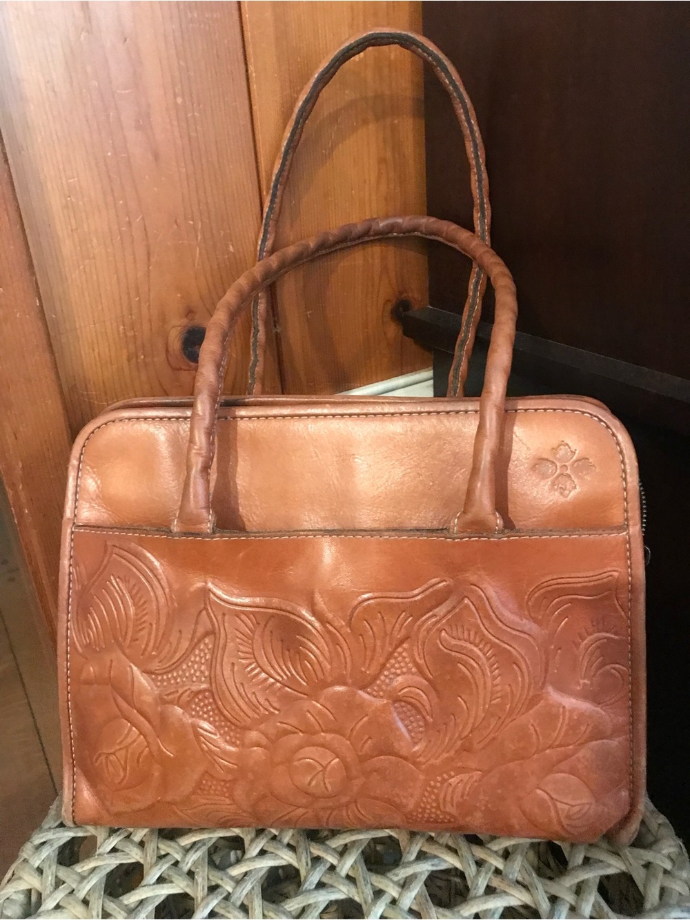 Patricia Nash Cognac Floral Embossed Leather Shoulder Bag
